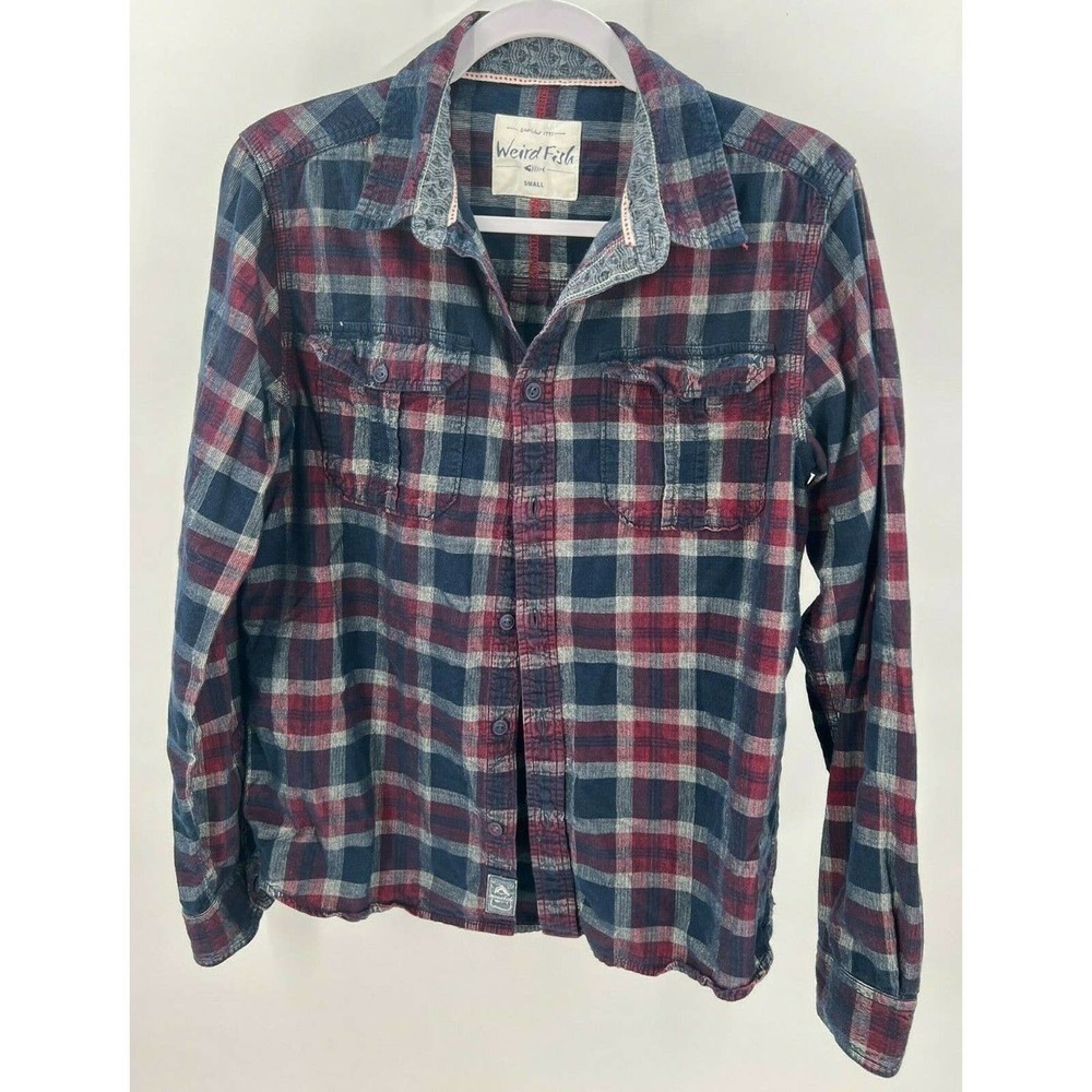 Weird Fish Mens S Small Multicolor Button-Up Plaid Shirt 100% Cotton Long Sleeve